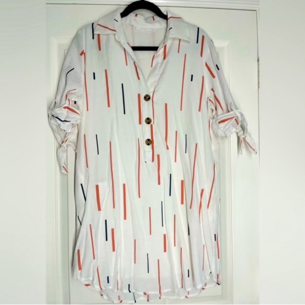 Lush Size large Multi Colored Button Up Dress W/ Pockets, Bow On Sleeves large